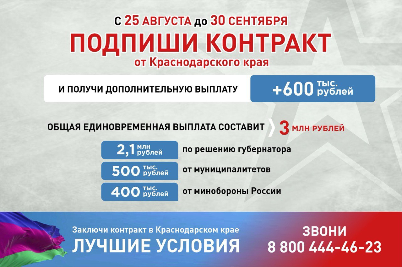 3 млн рублей получат заключившие контракт от Краснодарского края с 25 августа до 30 сентября 2025 года
